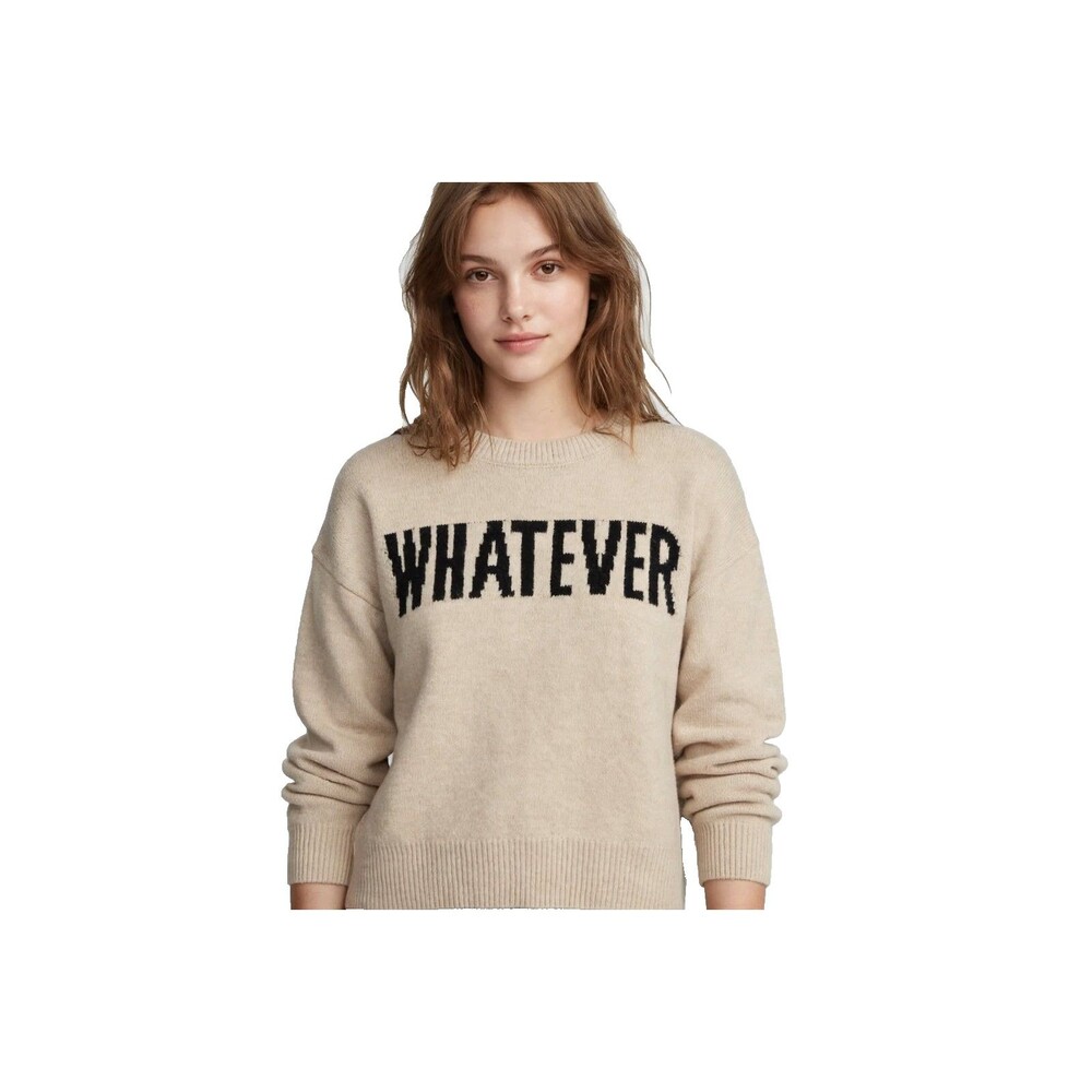 Hooked Up NWT Small Beige Knit Sweater WHATEVER Graphic Pullover Soft Cozy